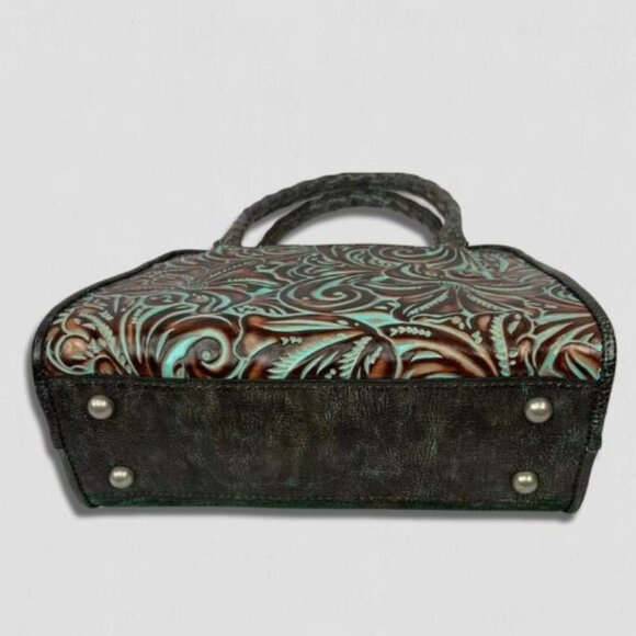 Patricia Nash Paris Satchel Handbag Twisted Rope Handle Leather Brown/Turquoise - Picture 4 of 4